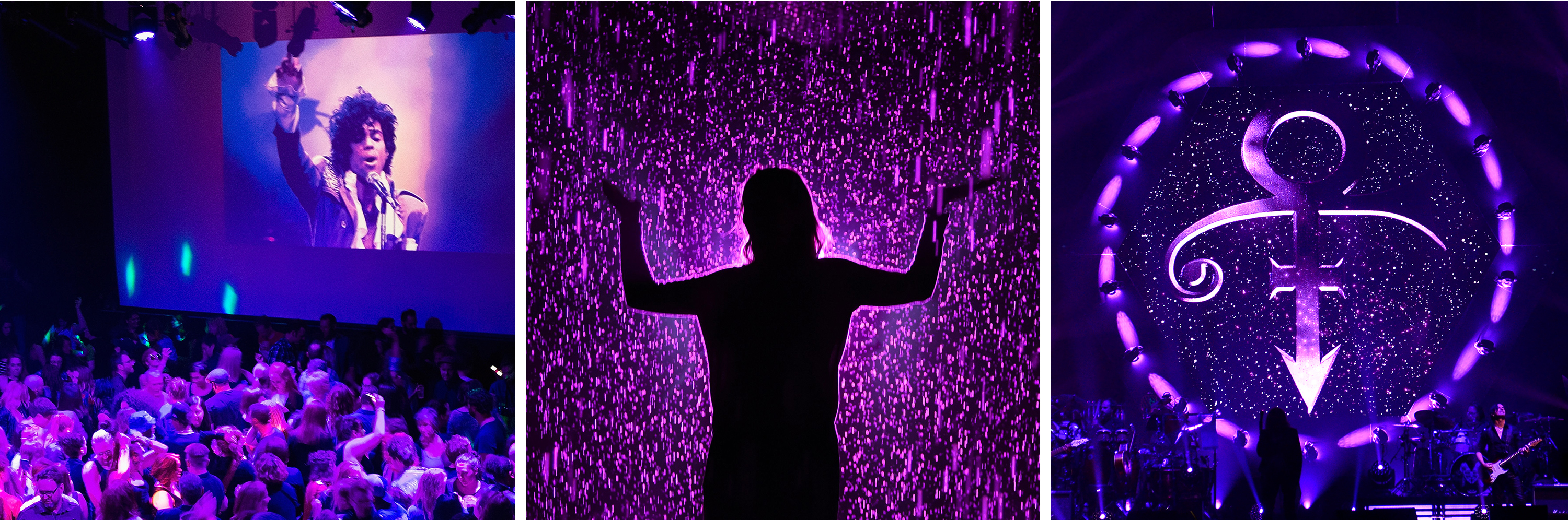 In The Wake Of Prince's Death 5 (Left) Guests dance to Prince songs during a memorial dance party at the First Avenue nightclub in Minneapolis, Minn., on April 21, 2016. (Center) A woman visits the "Rain Room" exhibition at the Los Angeles County Museum of Art in Los Angeles on April 22, 2016. (Right) Prince's iconic symbol is displayed before French singer Michel Polnareff's concert in Epernay, France, on April 30, 2016.