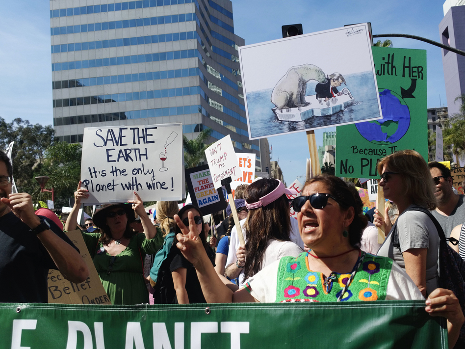 Yolanda Gonzalez, a sixth-grade teacher of Pomona, Calif., demonstrates as part of the March for Science in downtown Los Angeles on Saturday. (Amanda Lee Myers/AP)