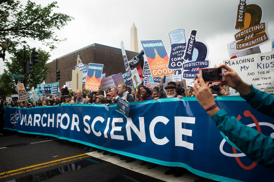 Participants in the March for Science walk along Constitution Avenue in Washington, D.C., on Saturday. (Meredith Rizzo/NPR)