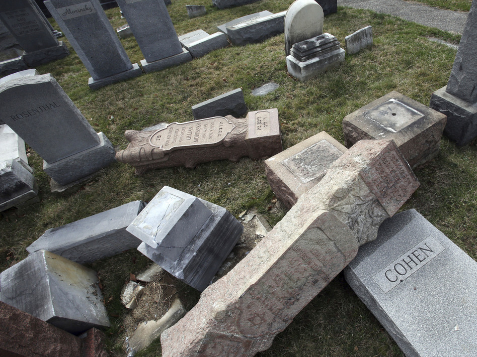 The Anti-Defamation League counts 541 incidents of anti-Semitism since the year began. That includes vandalism of Jewish burial grounds, including the Mount Carmel Cemetery in Philadelphia in February. (Jacqueline Larma/AP)