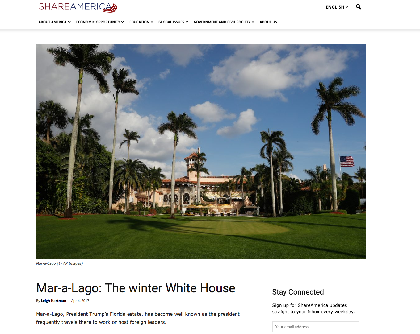 ShareAmerica.gov, a State Department website, shared an article promoting Mar-a-Lago, President Trump's golf club and resort in Palm Beach, Fla. The page has since been removed. (Share America/Screenshot by NPR)