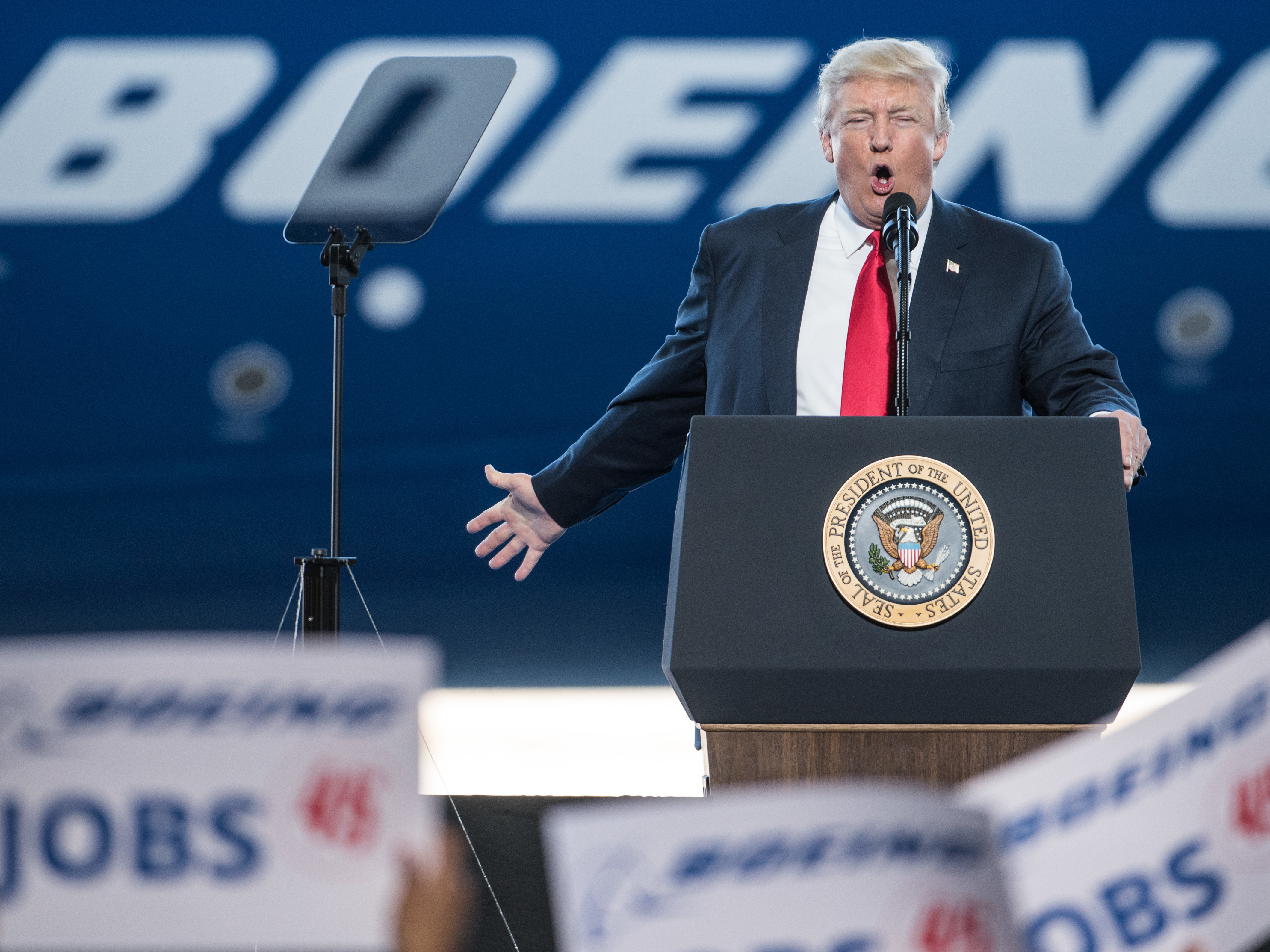 President Trump addresses a crowd at Boeing's facilities in North Charleston, S.C., on Feb. 17. (Getty Images)