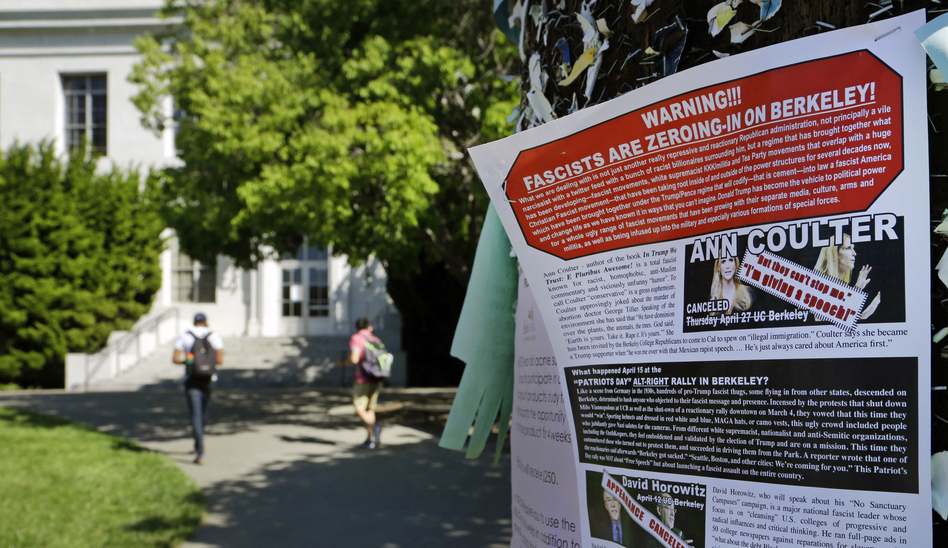 A leaflet is seen stapled to a message board near Sproul Hall on the University of California at Berkeley in Berkeley, Calif. The University of California, Berkeley says it's preparing for possible violence on campus whether Ann Coulter comes to speak or not. (Ben Margot/AP)