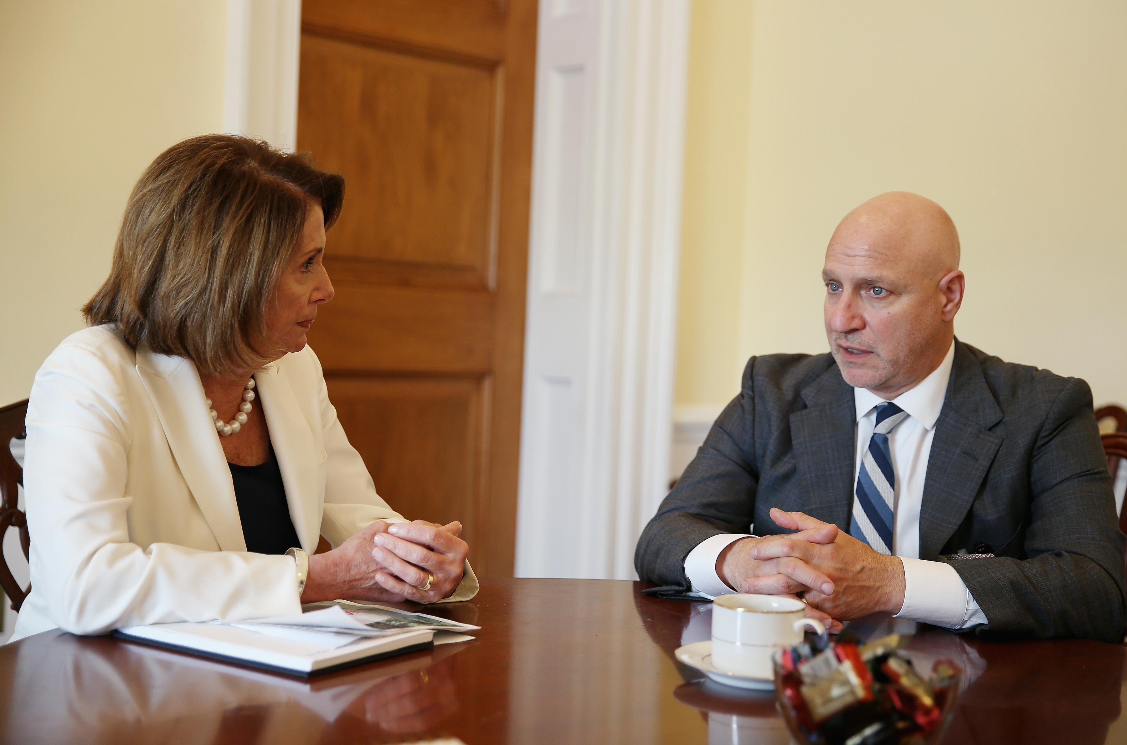 House Minority Leader Nancy Pelosi and celebrity chef Tom Colicchio discuss the farm bill as part of the Plate of the Union campaign on Thursday in Washington, D.C. (Tasos Katopodis/Getty Images for Food Policy Act)