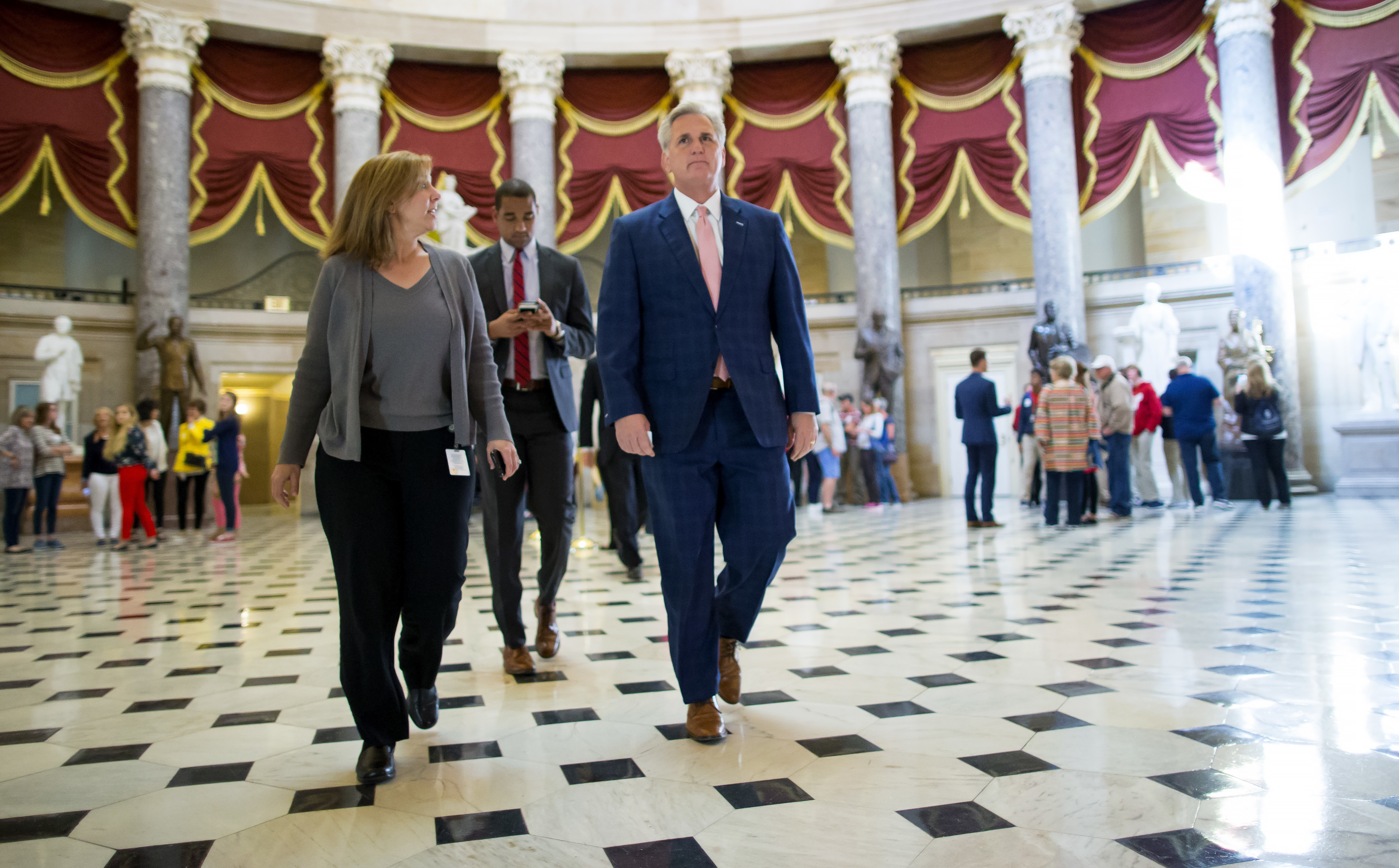 House Majority Leader Kevin McCarthy, seen walking to the House chamber on Wednesday, says he has the votes needed to pass the GOP health care bill on Thursday.