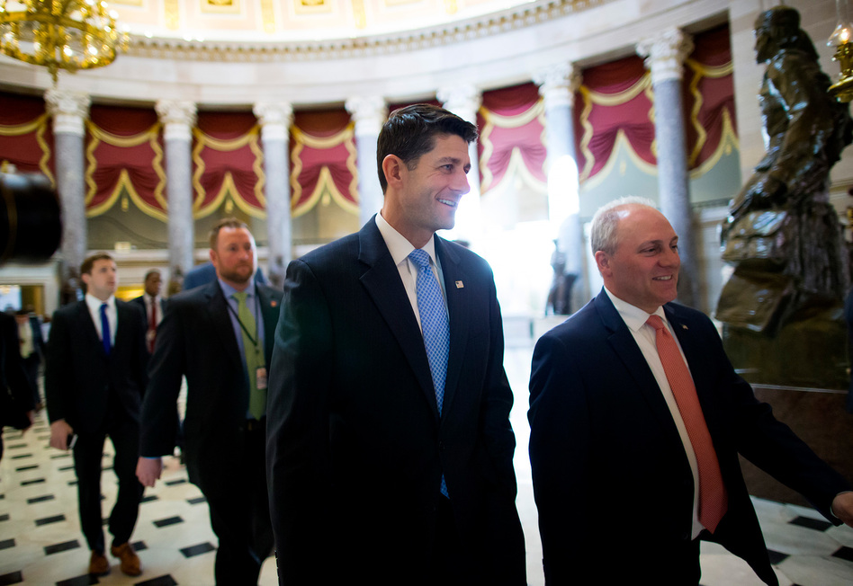 House Speaker Paul Ryan (center) walks to the House chamber ahead of a budget vote on Capitol Hill. Though Ryan was able to deliver 217 votes Thursday to get his GOP health plan through the House, there are still significant hurdles before the bill becomes law. (Eric Thayer/Getty Images)