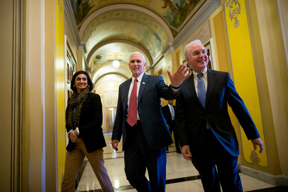 Seema Verma, the administrator of the Centers for Medicare and Medicaid Services, joins Vice President Pence and Health and Human Services Secretary Tom Price on Capitol Hill to advocate for the GOP health overhaul bill. (Eric Thayer/Getty Images)