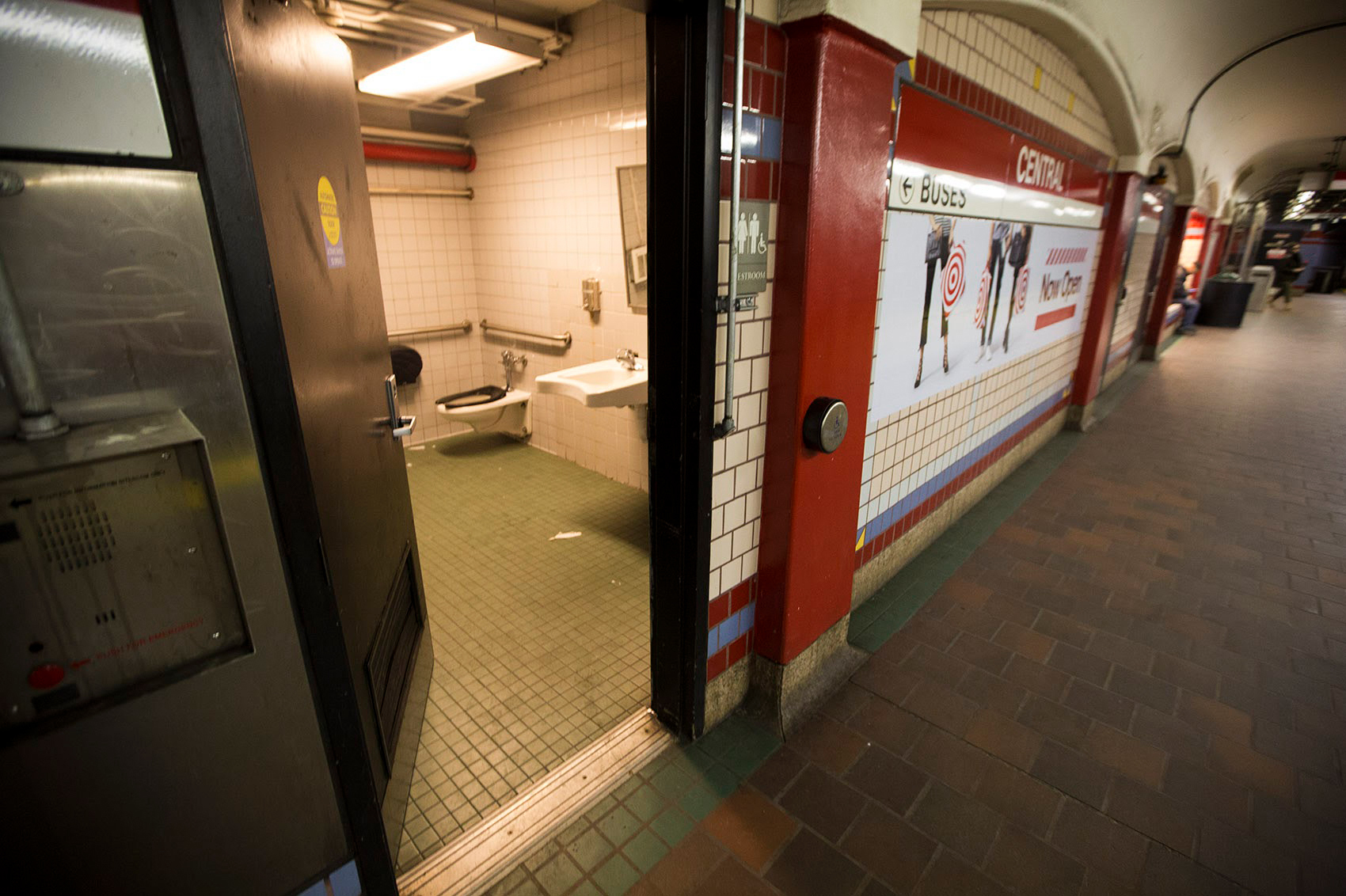 A public restroom on the platform of the Central Square MBTA station in Cambridge, Mass., which people have used as a place for getting high.