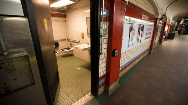 A public restroom on the platform of the Central Square MBTA station in Cambridge, Mass., which people have used as a place for getting high.