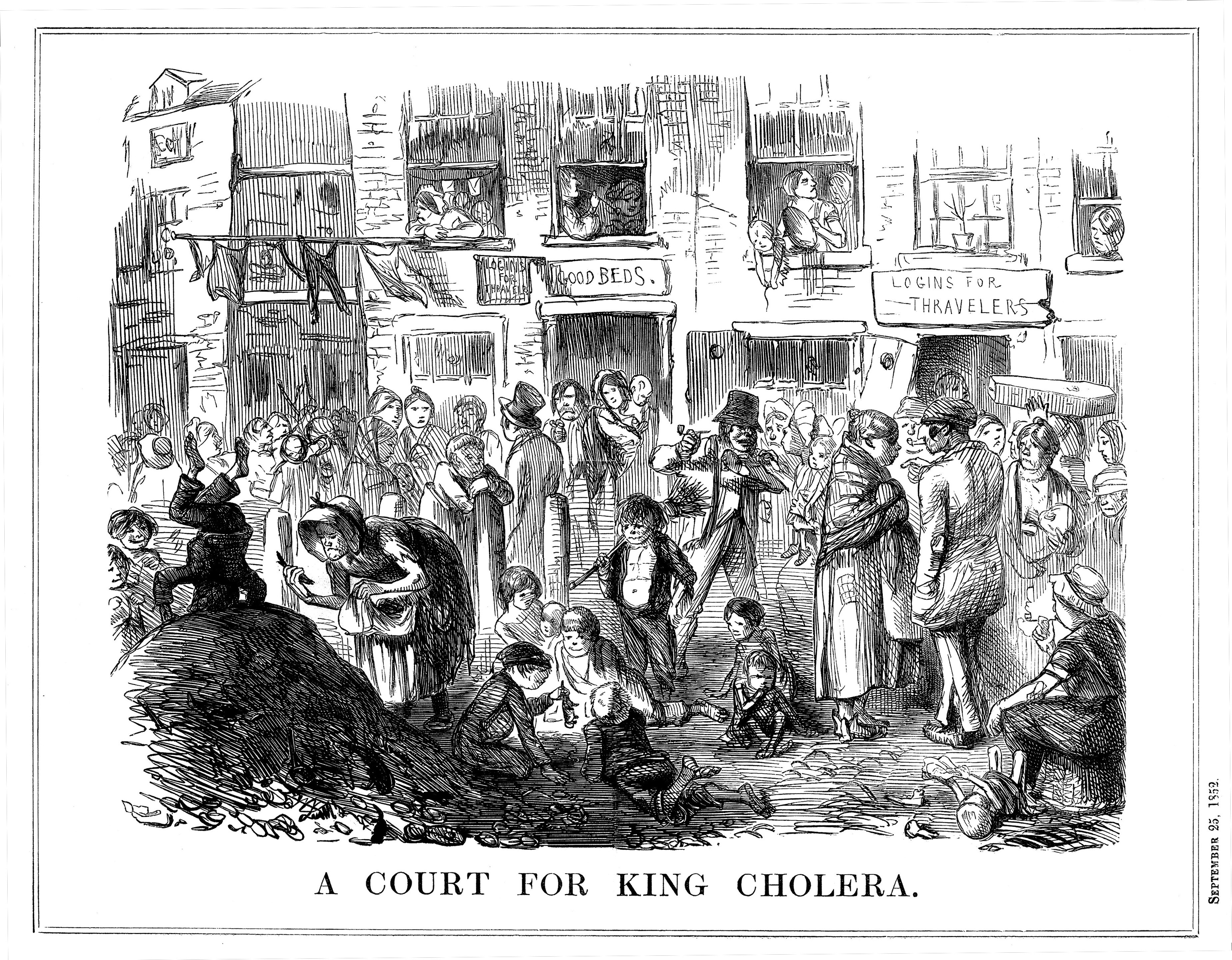 A cartoon from an 1852 issue of <em>Punch</em> shows the unsanitary conditions in London slums, which led to cholera outbreaks. (Print Collector/Getty Images)