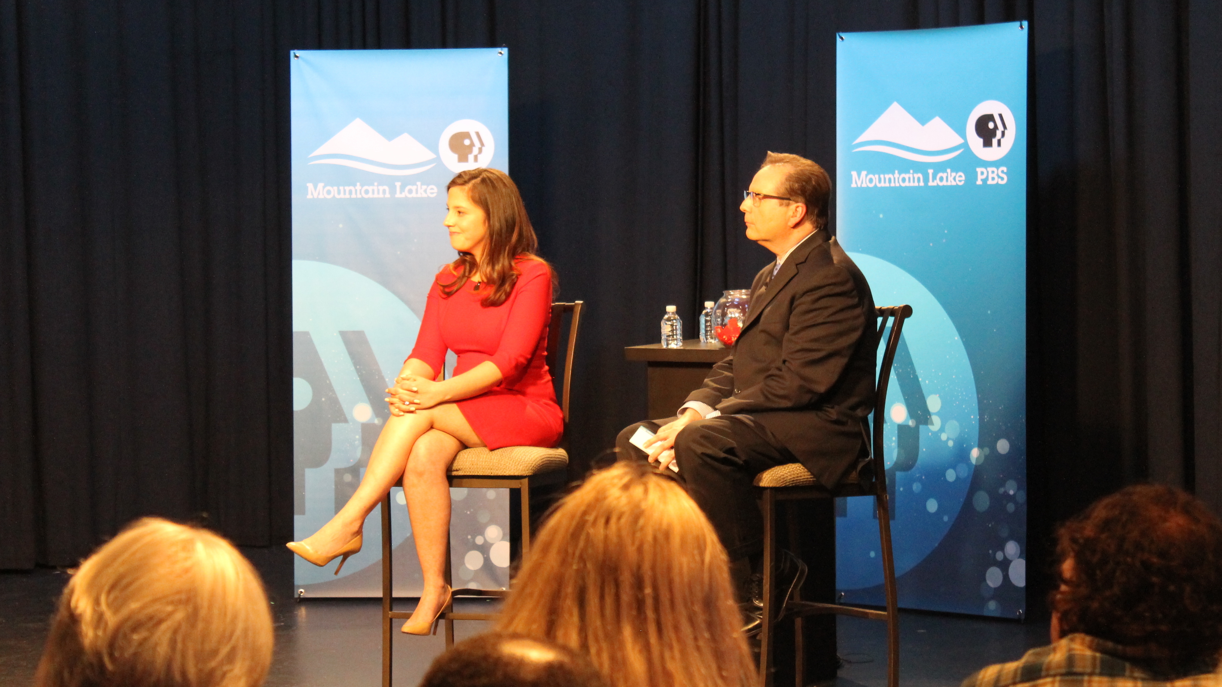 Rep. Elise Stefanik, R-N.Y., with moderator Thom Hallock during her town hall meeting at public television station Mountain Lake PBS in Plattsburgh, N.Y. (NCPR)