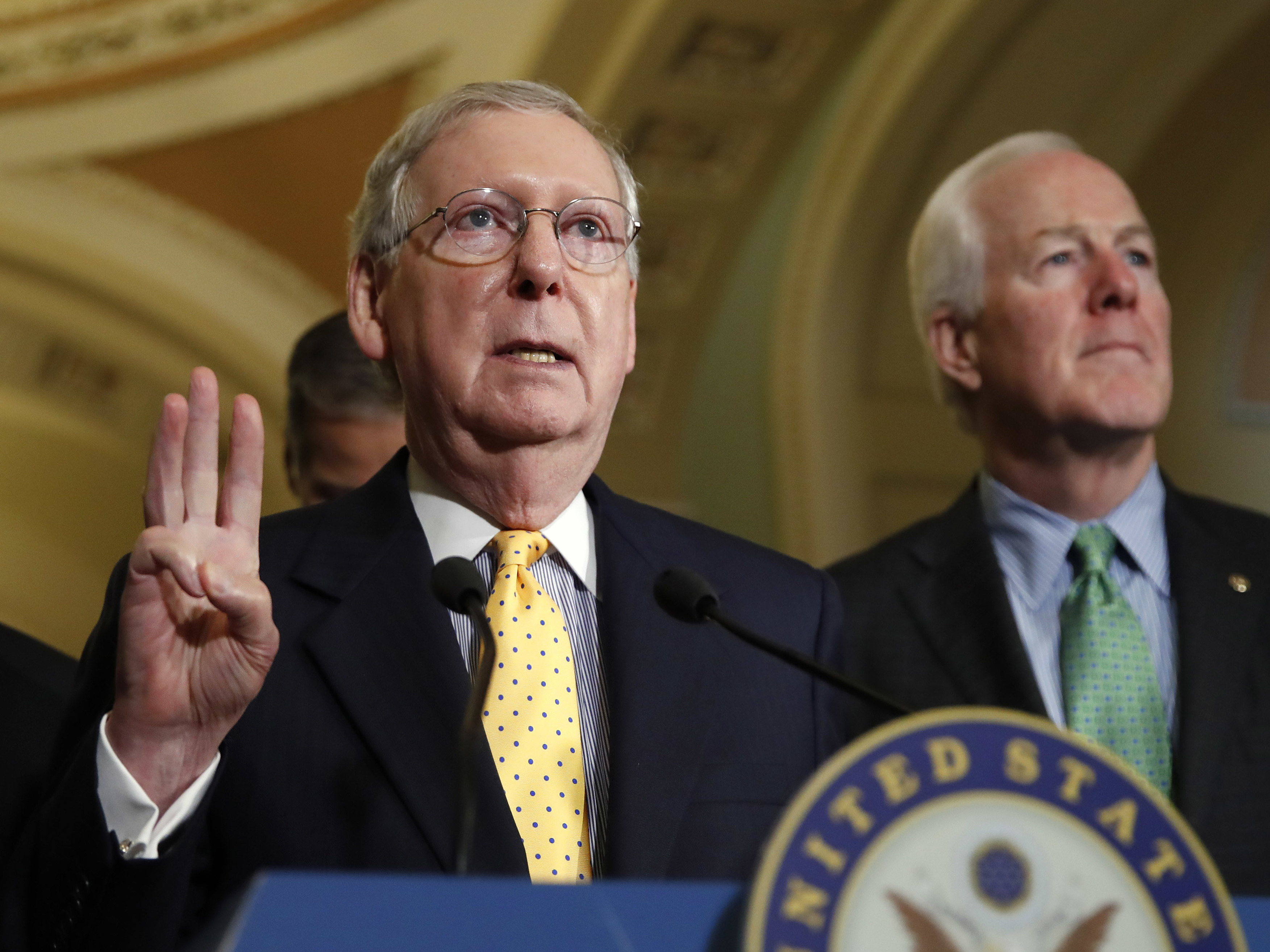 Senate Majority Leader Mitch McConnell of Kentucky speaks to members of the media on Tuesday. On the floor Wednesday, he challenged the Democrats' outcry over Comey's firing. (Jacquelyn Martin/AP)