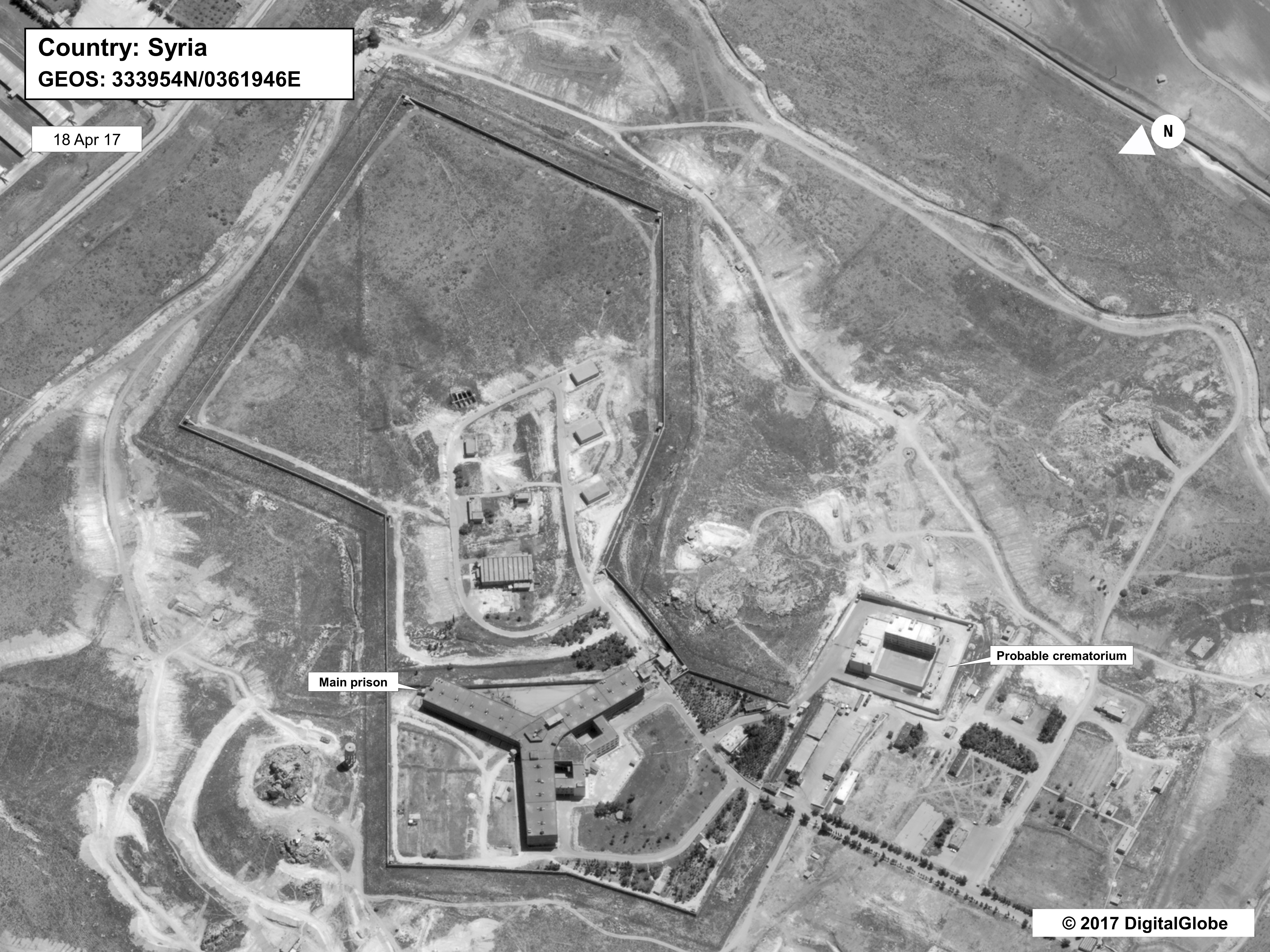 This satellite photograph taken on April 18 depicts what the State Department describes as a crematorium — in the bottom right of the image — built to dispose of the bodies of victims at Saydnaya military prison outside Damascus.
(State Department/DigitalGlobe)