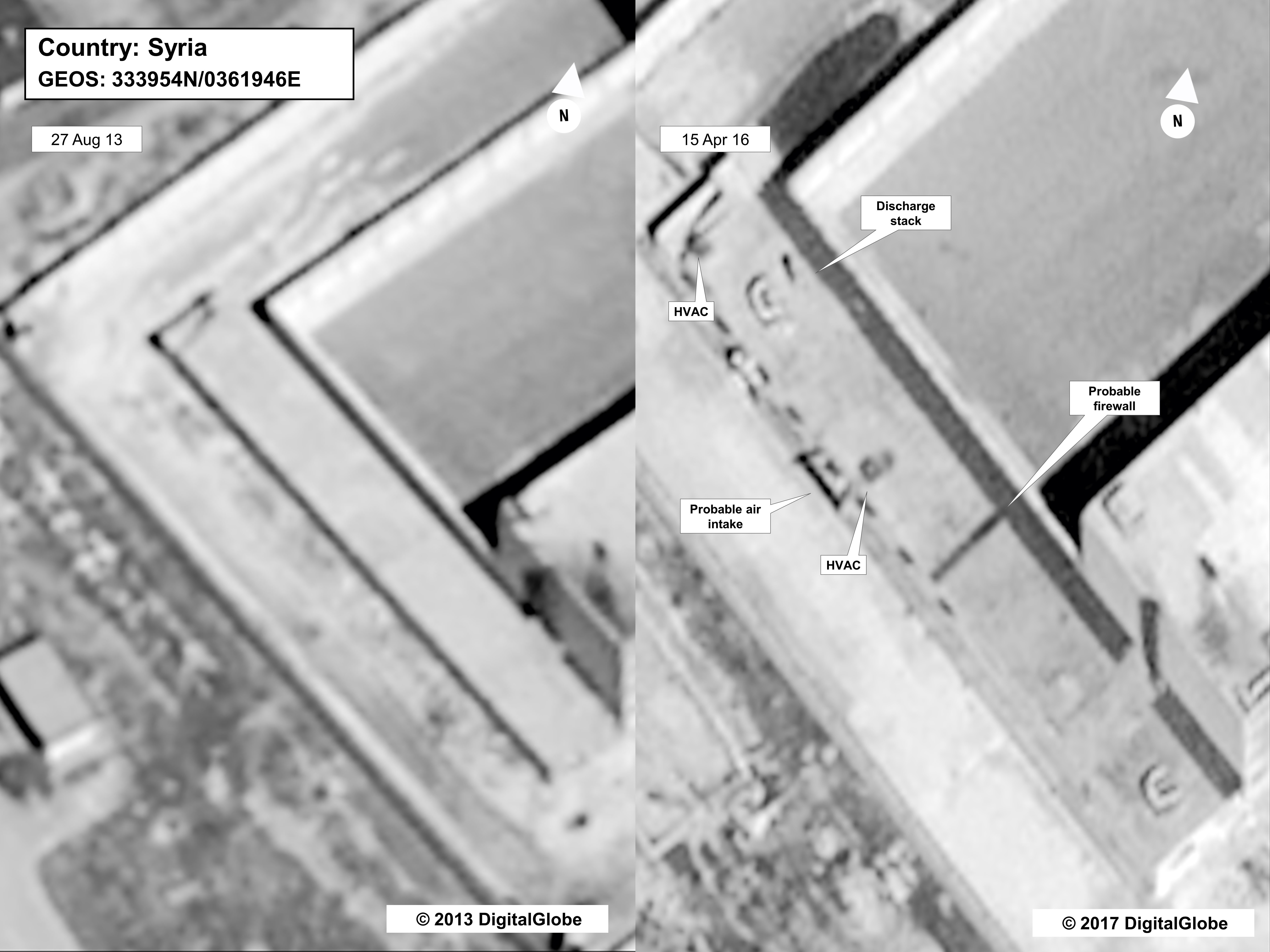 This satellite image depicts the same section of the Saydnaya facility in 2013 (left) and in 2015 (right). 'If you look at the earliest photo,' acting Assistant Secretary Stuart Jones said, 'this is during the construction phase.' He says construction on the alleged crematorium was finished by 2015.
(State Department/DigitalGlobe)