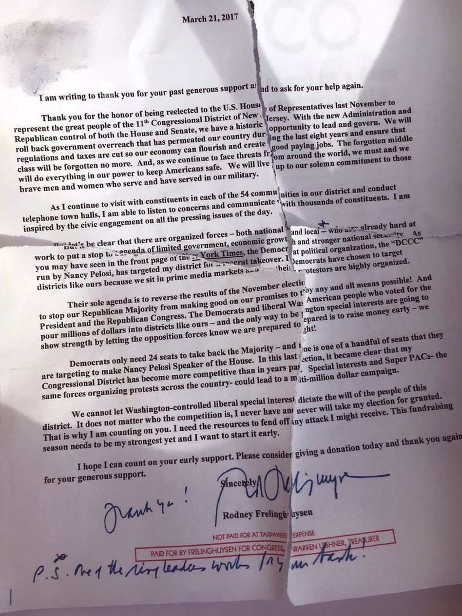 A fundraising letter from Frelinghuysen to a Lakeland Bank board member is signed "P.S. one of the ringleaders works for your bank!" (Courtesy of Saily Avelenda)