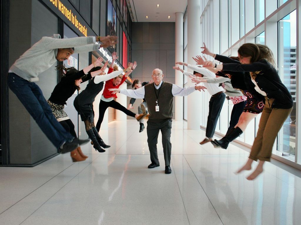 Kasell unleashes his powers in the lobby of NPR's headquarters in Washington, D.C. (Katie Burk/NPR)