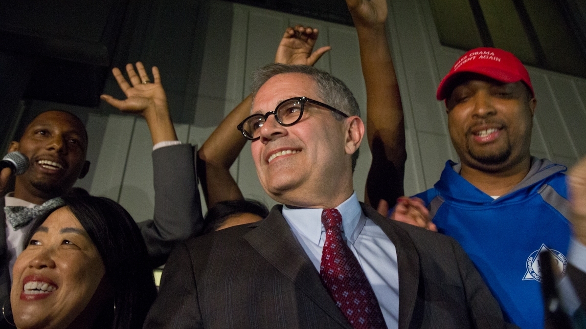 Democratic primary winner Larry Krasner on stage at his campaign party Tuesday night. (WHYY)
