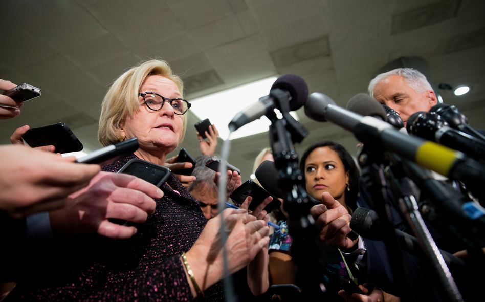Sen. Clarie McCaskill, D-Mo., speaks to the media after the closed briefing on Capitol Hill with Deputy Attorney General Rod Rosenstein on Thursday. (Tasos Katopodis/Getty Images)
