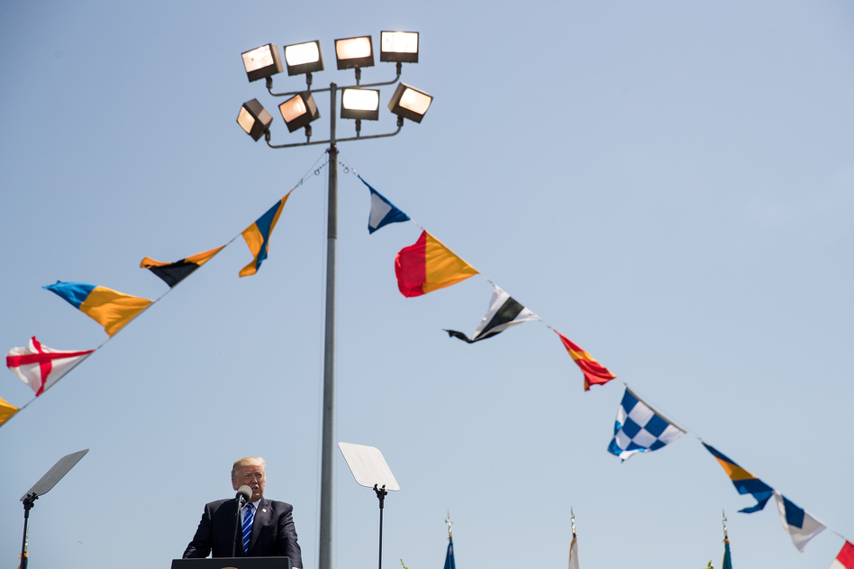 President Donald Trump delivered the commencement address at the U.S. Coast Guard Academy in New London, Conn. This is President Trump's second commencement address since taking office. (Drew Angerer/Getty Images)