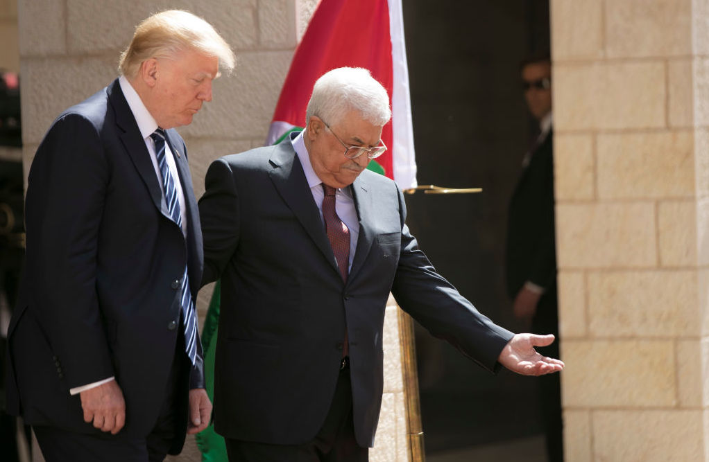 President Trump and Palestinian Authority President Mahmoud Abbas participate in a welcome ceremony Tuesday at the Presidential Palace in the West Bank city of Bethlehem.