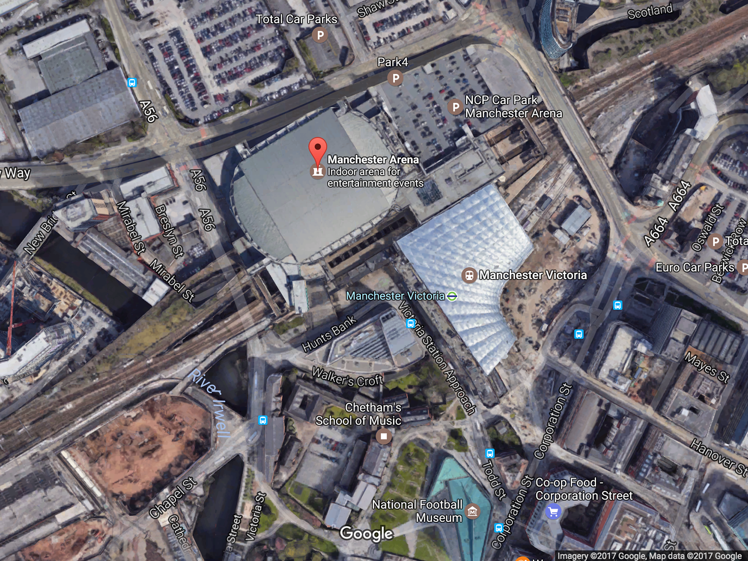 A terrorist bomber struck in the center of Manchester, police say, in the area between the exits of Manchester Arena and the Victoria transit station.
(Google Maps)