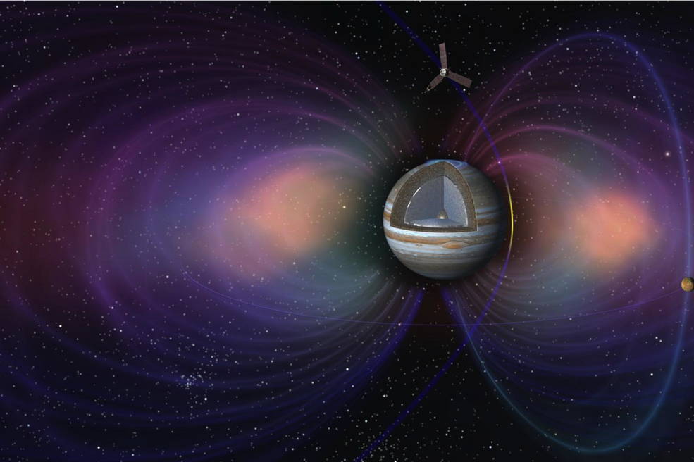 This artist's concept shows the pole-to-pole orbits of the NASA's Juno spacecraft at Jupiter