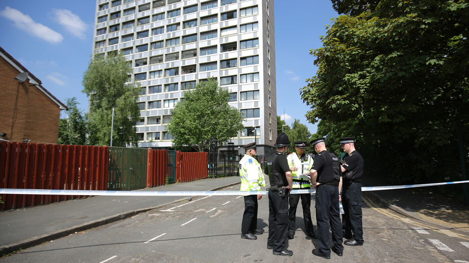 Police seal off Lindy Road in Manchester, England, on Thursday as the investigation into Monday night's attack continues. Greater Manchester Police are treating the explosion at an Ariana Grande concert as a terrorist attack and have confirmed at least 22 fatalities. (Christopher Furlong/Getty Images)