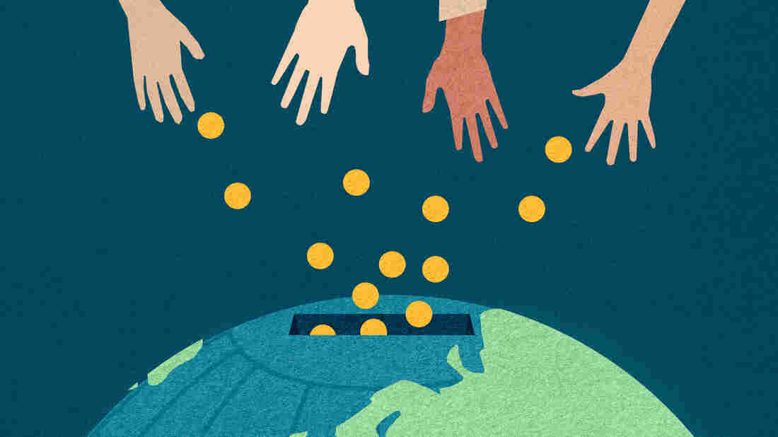 Illustration of hands giving money to the world.