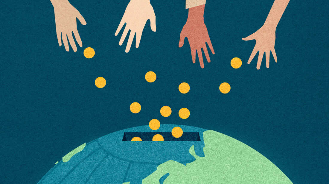 Illustration of hands giving money to the world.