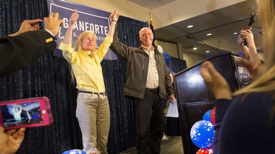 Republican Greg Gianforte celebrates with supporters at the Hilton Garden Inn in Bozeman, Mont., on Thursday after being declared the winner of Montana's special House election.