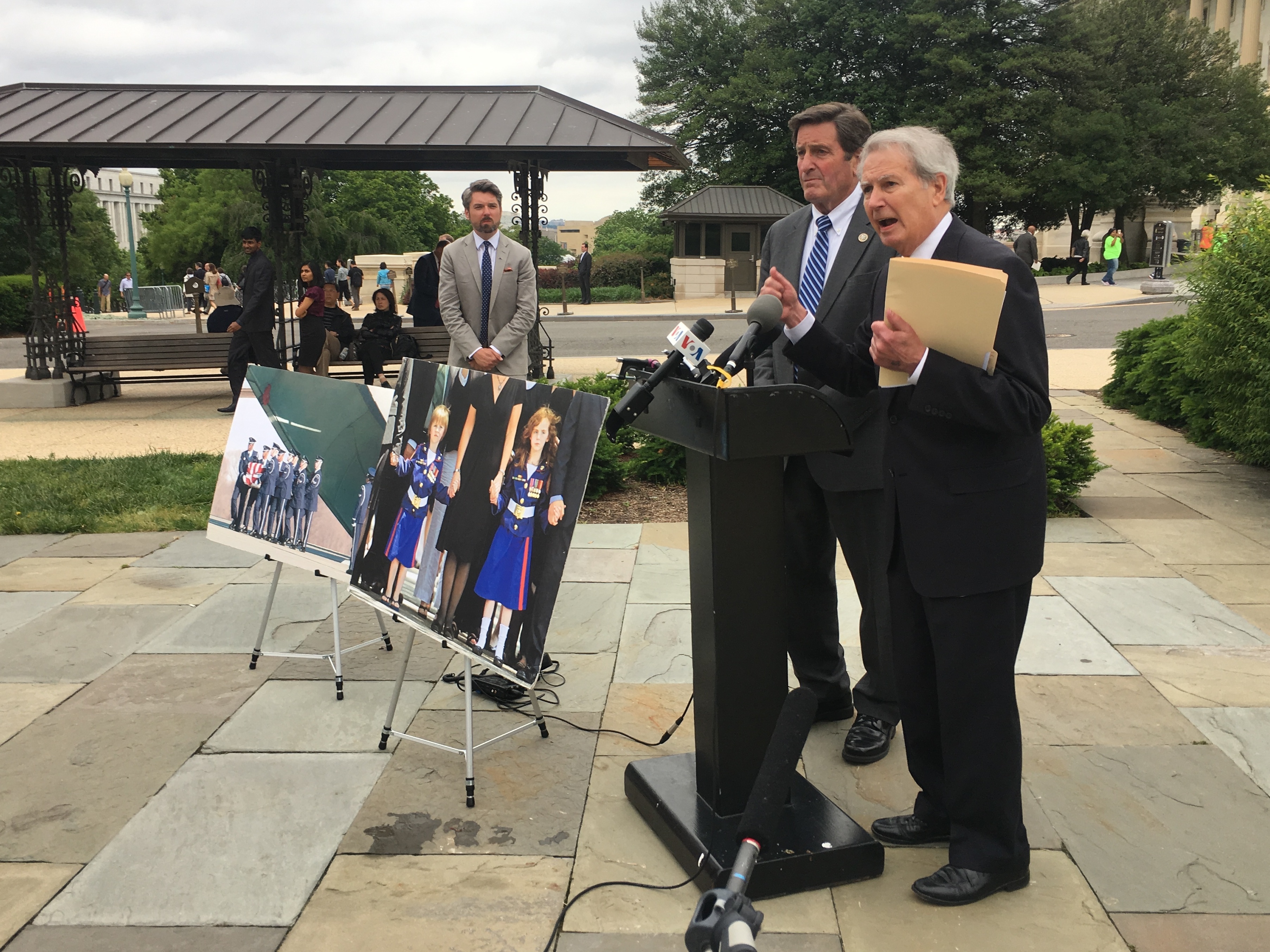 Reps. Walter B. Jones, R-N.C. (right), and John Garamendi, D-Calif., speak at a press conference last week outside the Capitol on their bipartisan legislation to cut off funds for military operations in Afghanistan.