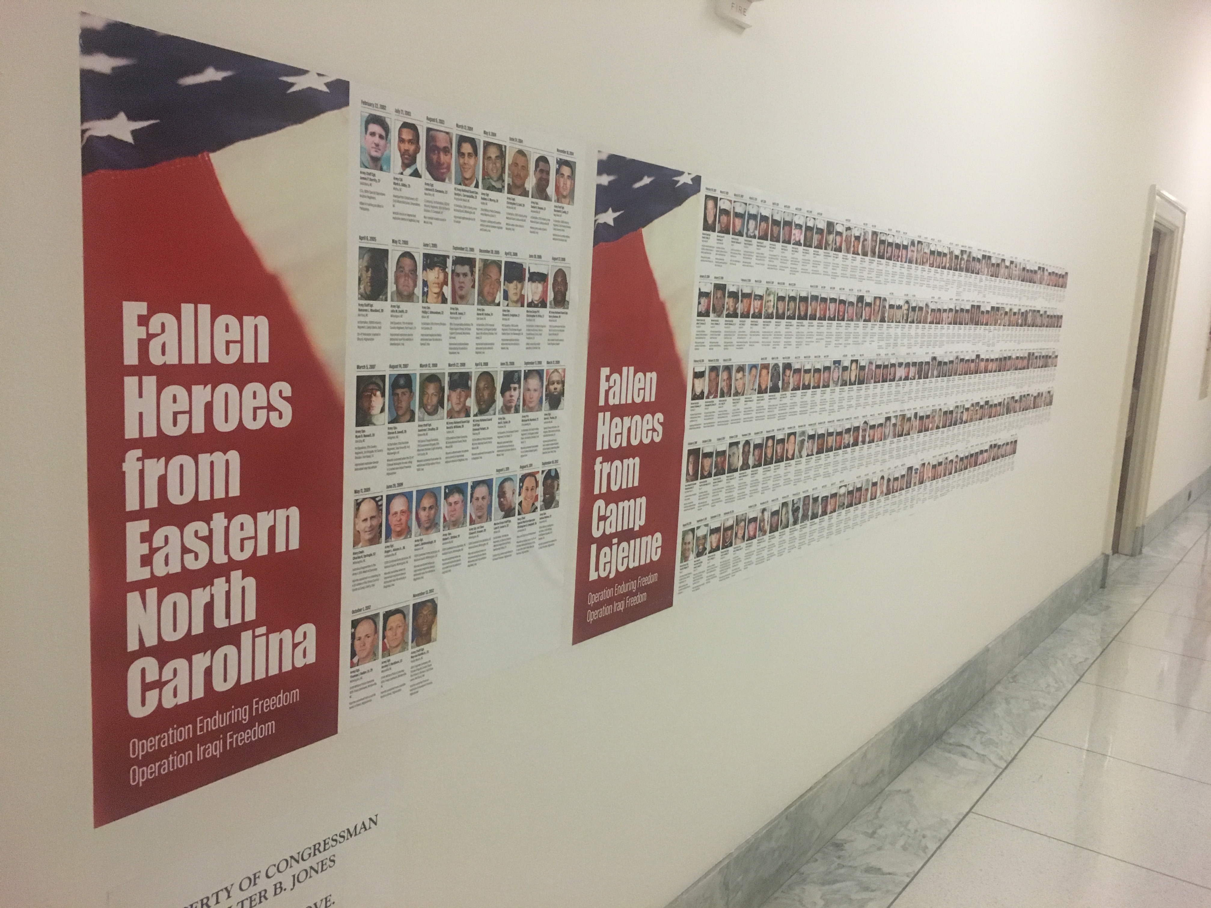 A memorial outside Jones' congressional office includes 568 pictures of Marines from Camp Lejeune — which is in Jones' district — who were killed in Iraq or Afghanistan.