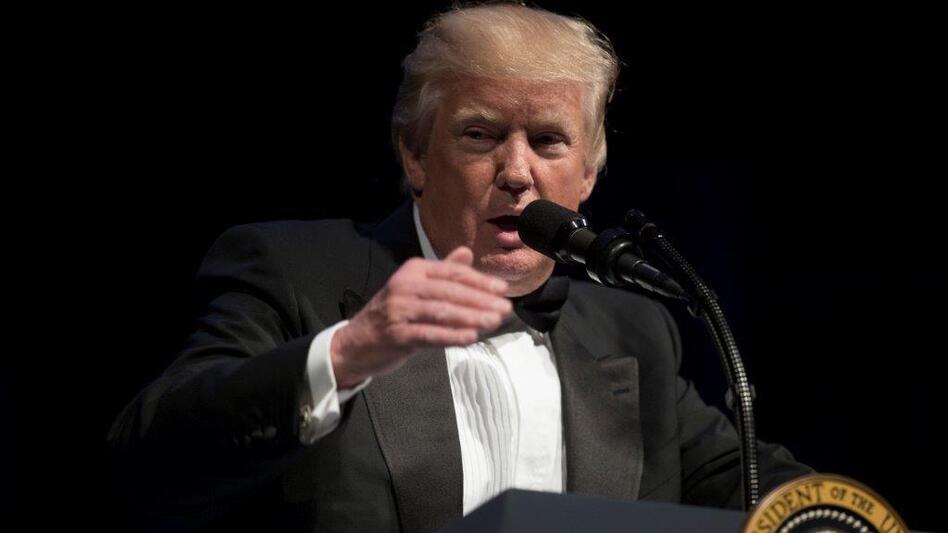 President Trump speaks Sunday night during the gala to raise money for Ford's Theatre in Washington, D.C. (Carolyn Kaster/AP)