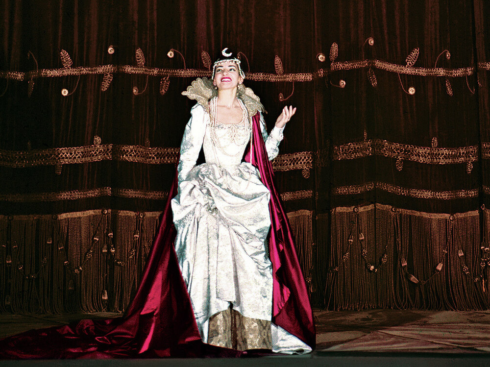 Maria Callas takes a curtain call in Gluck's Iphigénie en Tauride, at La Scala in Milan, Italy, in 1958.