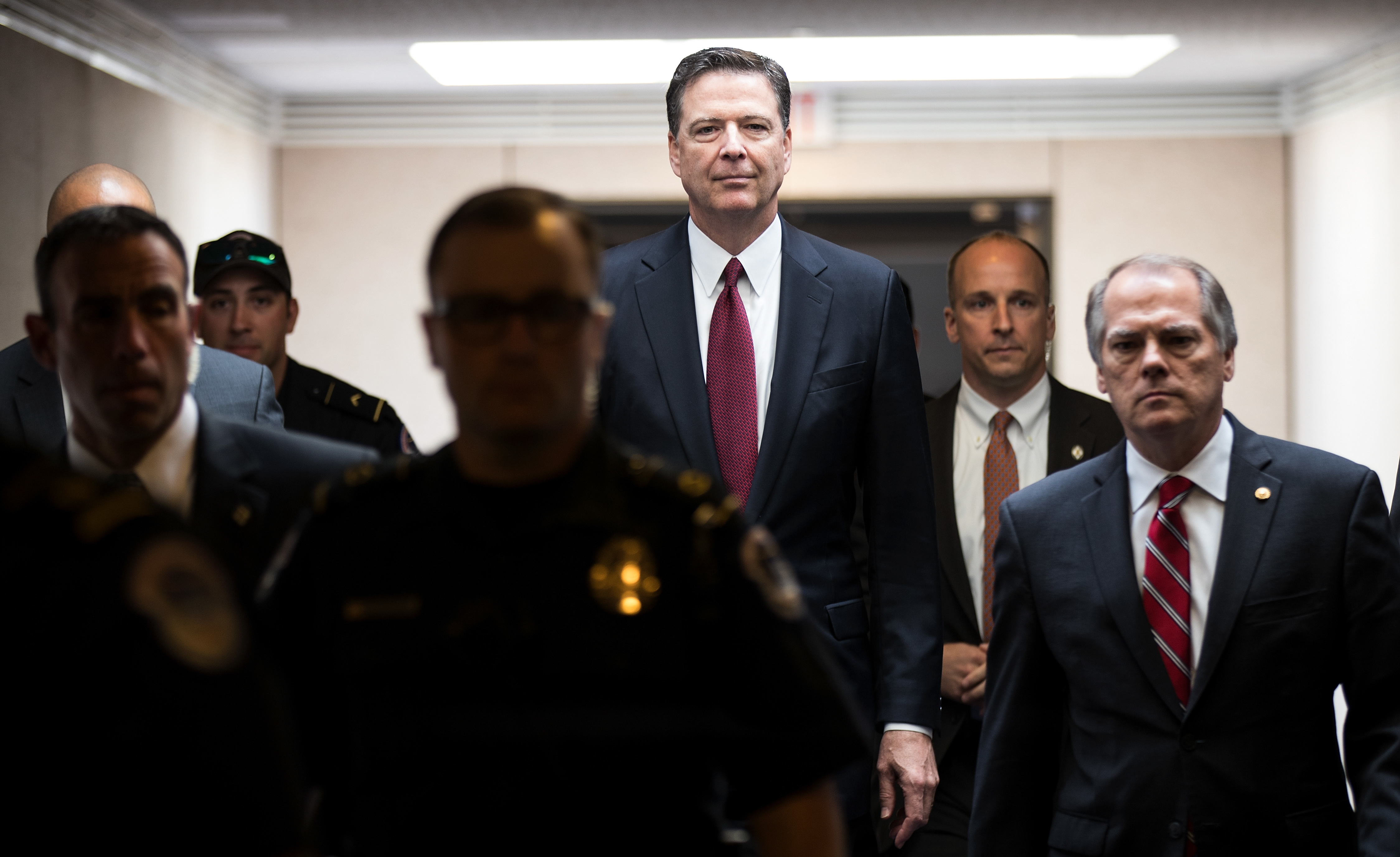 Former FBI Director James Comey leaves a closed session with the Senate Intelligence Committee on Capitol Hill on Thursday. (Getty Images)