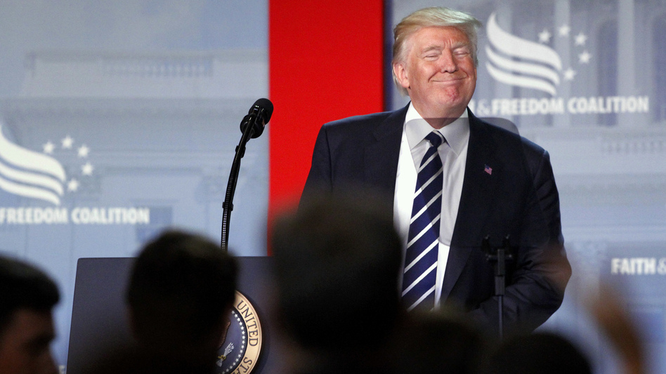President Trump wraps up his speech to a Faith and Freedom Coalition conference in Washington, D.C., on Thursday. (Jacquelyn Martin/AP)