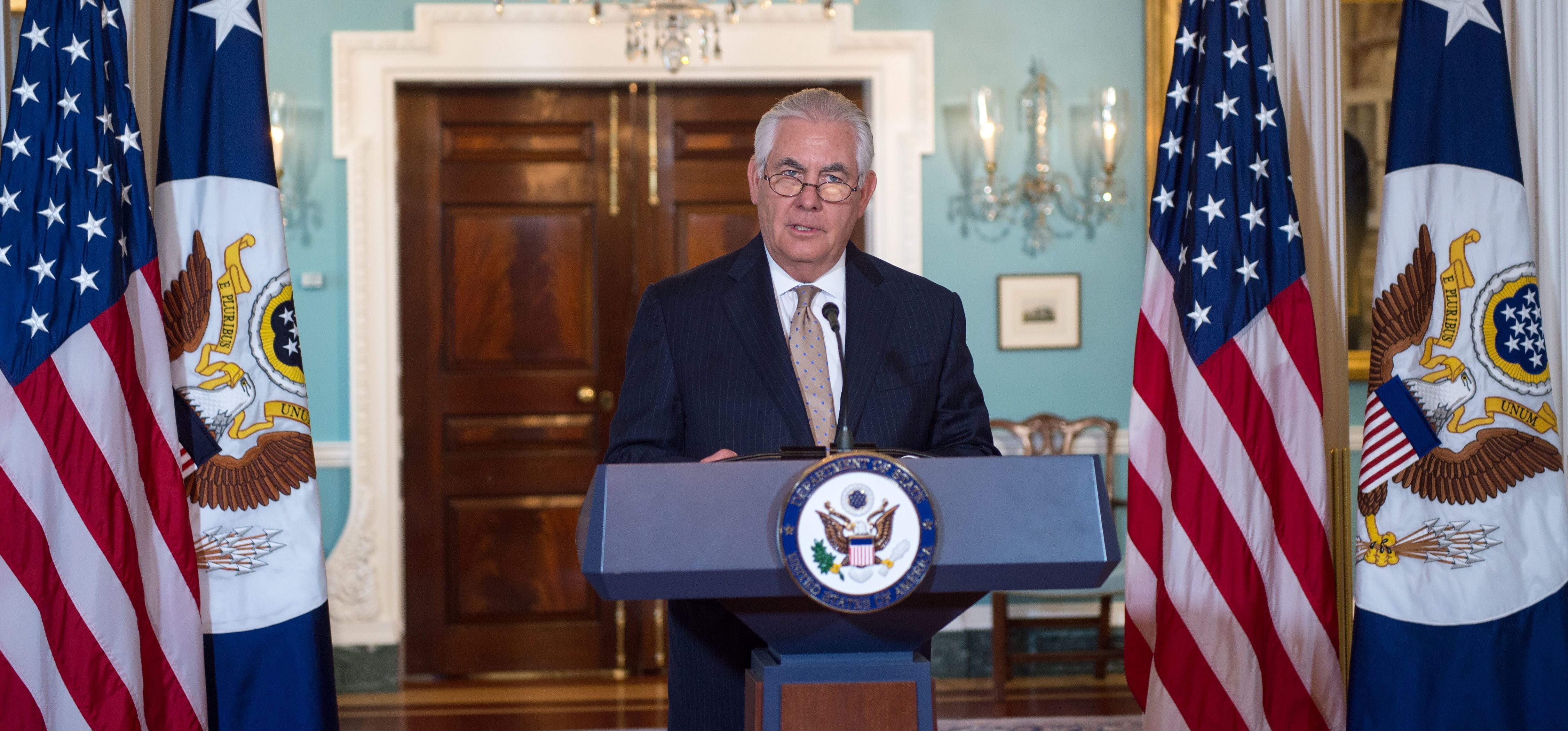 Secretary of State Rex Tillerson speaks in the Treaty Room of the U.S. Department of State on Friday, urging Saudi Arabia and its regional allies to ease their blockade of Qatar. (AFP/Getty Images)