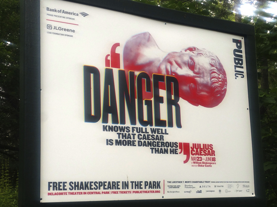 The Public Theater's production of <em>Julius Caesar</em> in New York's Central Park features a titular character who wears a Donald Trump-like costume and is stabbed to death onstage. (Verena Dobnik/AP)
