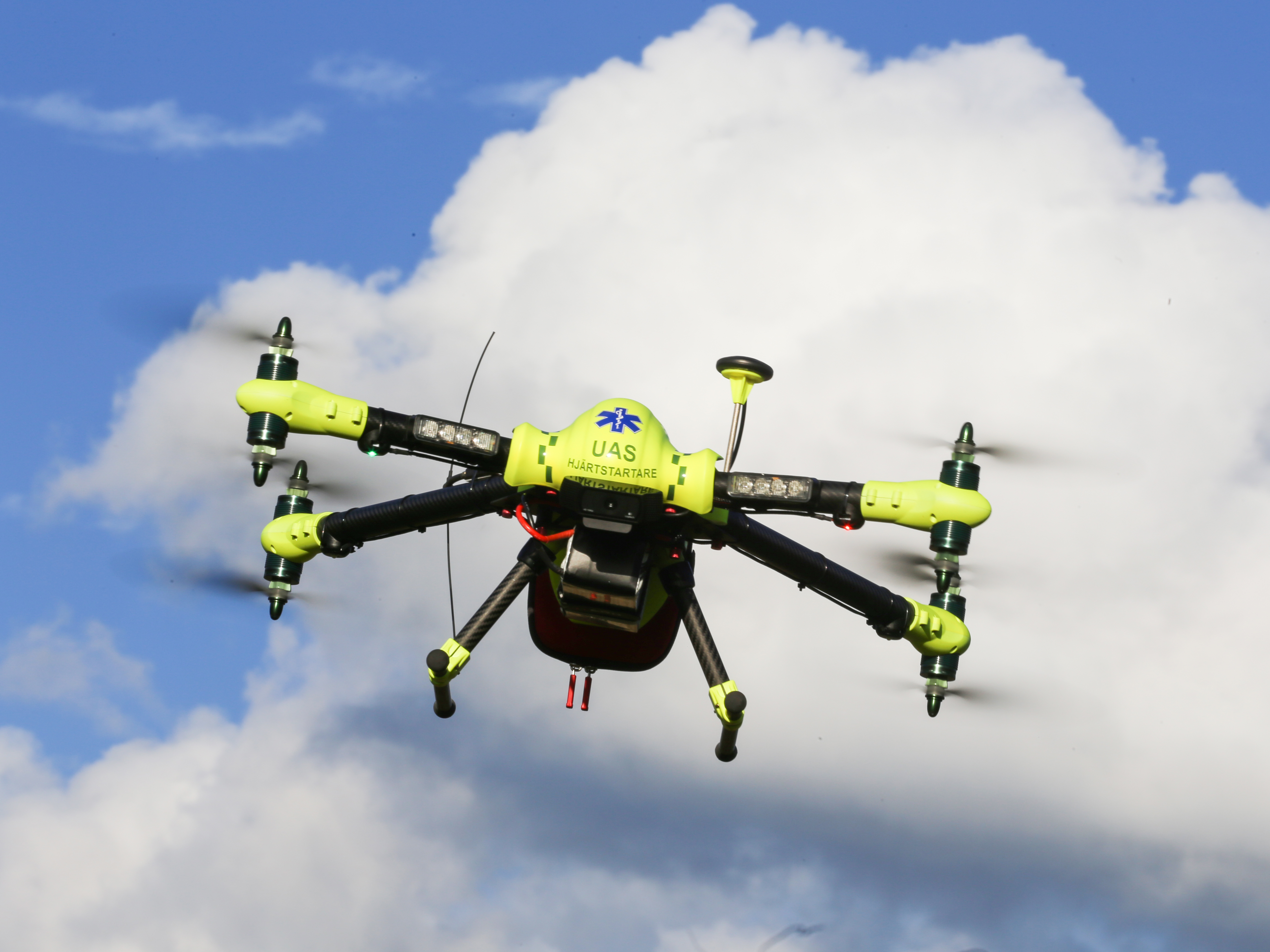 Drones carrying automated external defibrillators got to the sites of previous cardiac arrest cases faster than ambulances had, according to test runs conducted by Swedish researchers. (Courtesy of FlyPulse)