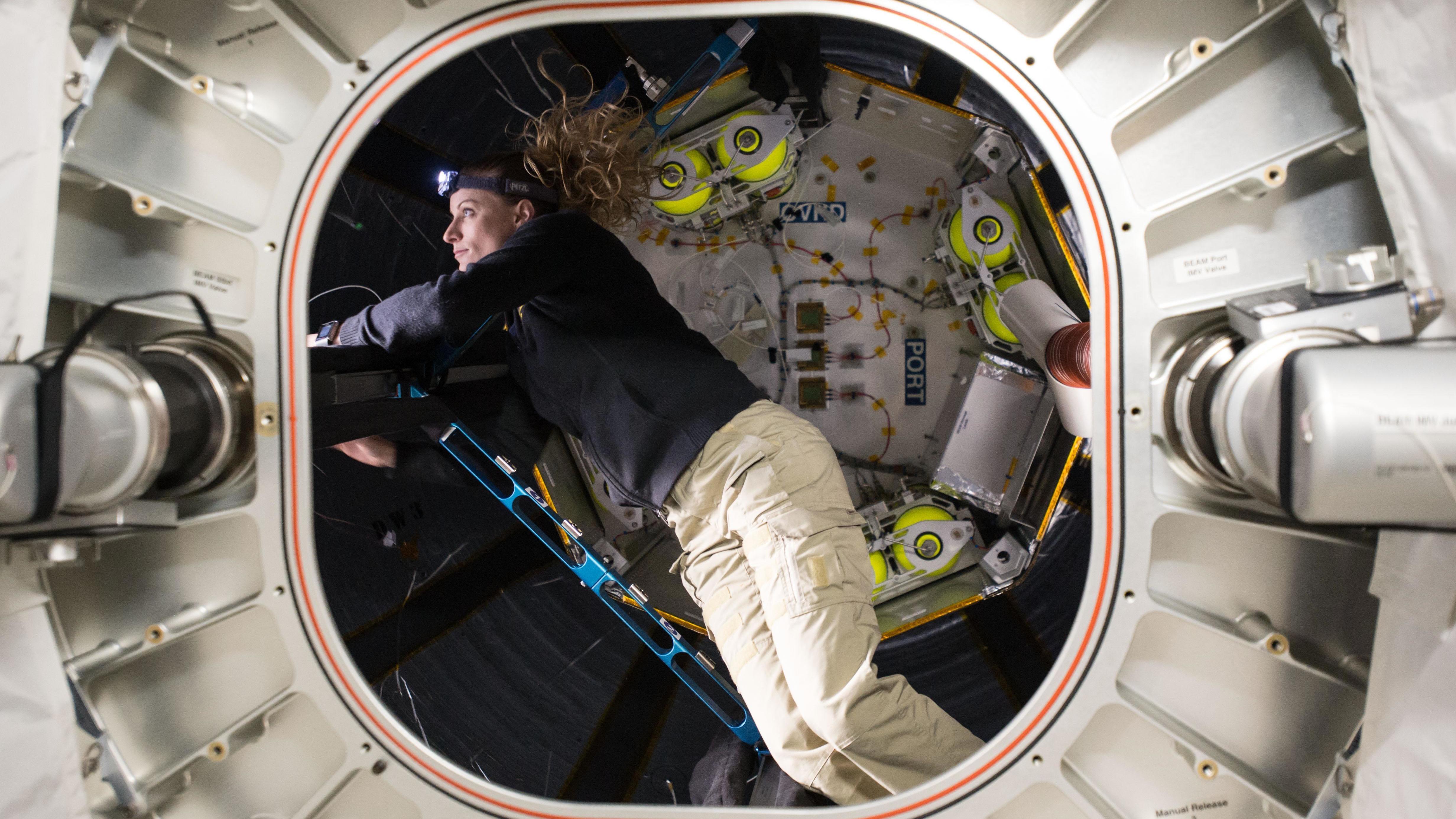 Flight engineer Kate Rubins checks out the Bigelow Expandable Activity Module (BEAM)