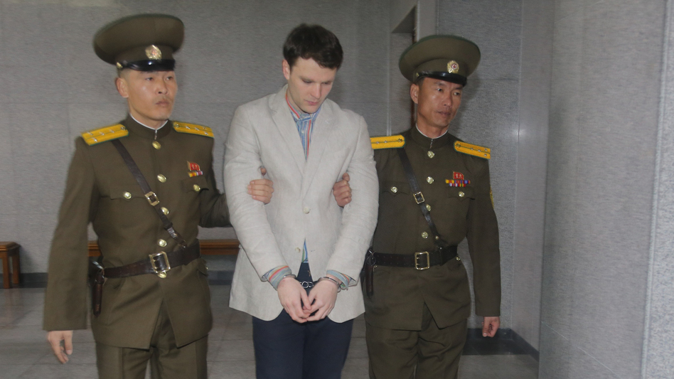 American student Otto Warmbier, seen here arriving for his trial in Pyongyang last March, has been freed, Secretary of State Rex Tillerson says. (Xinhua News Agency/Getty Images)