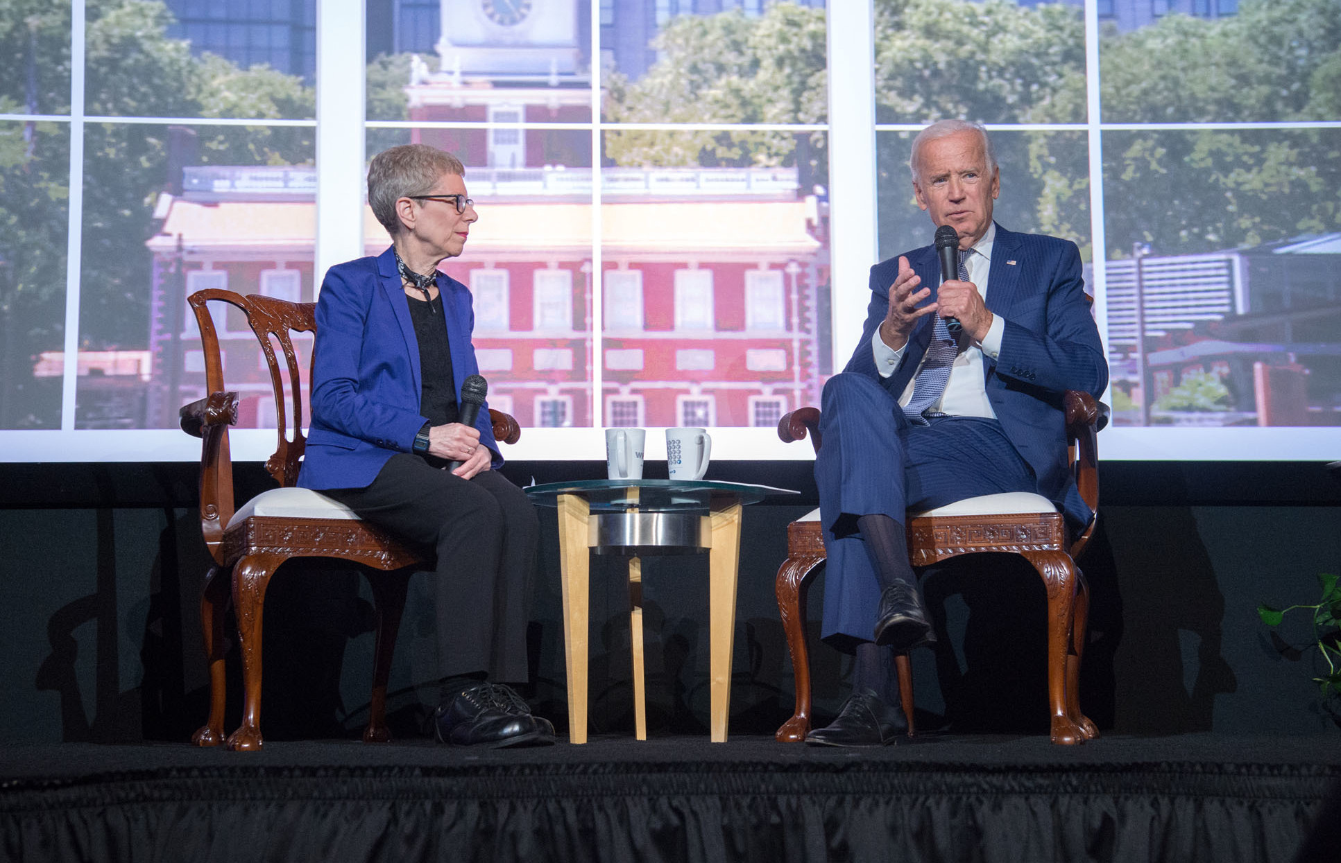 <em>Fresh Air </em>host Terry Gross interviewed former Vice President Joe Biden in front of a live audience at the WHYY studios in Philadelphia on Tuesday. (Daniel Burke)
