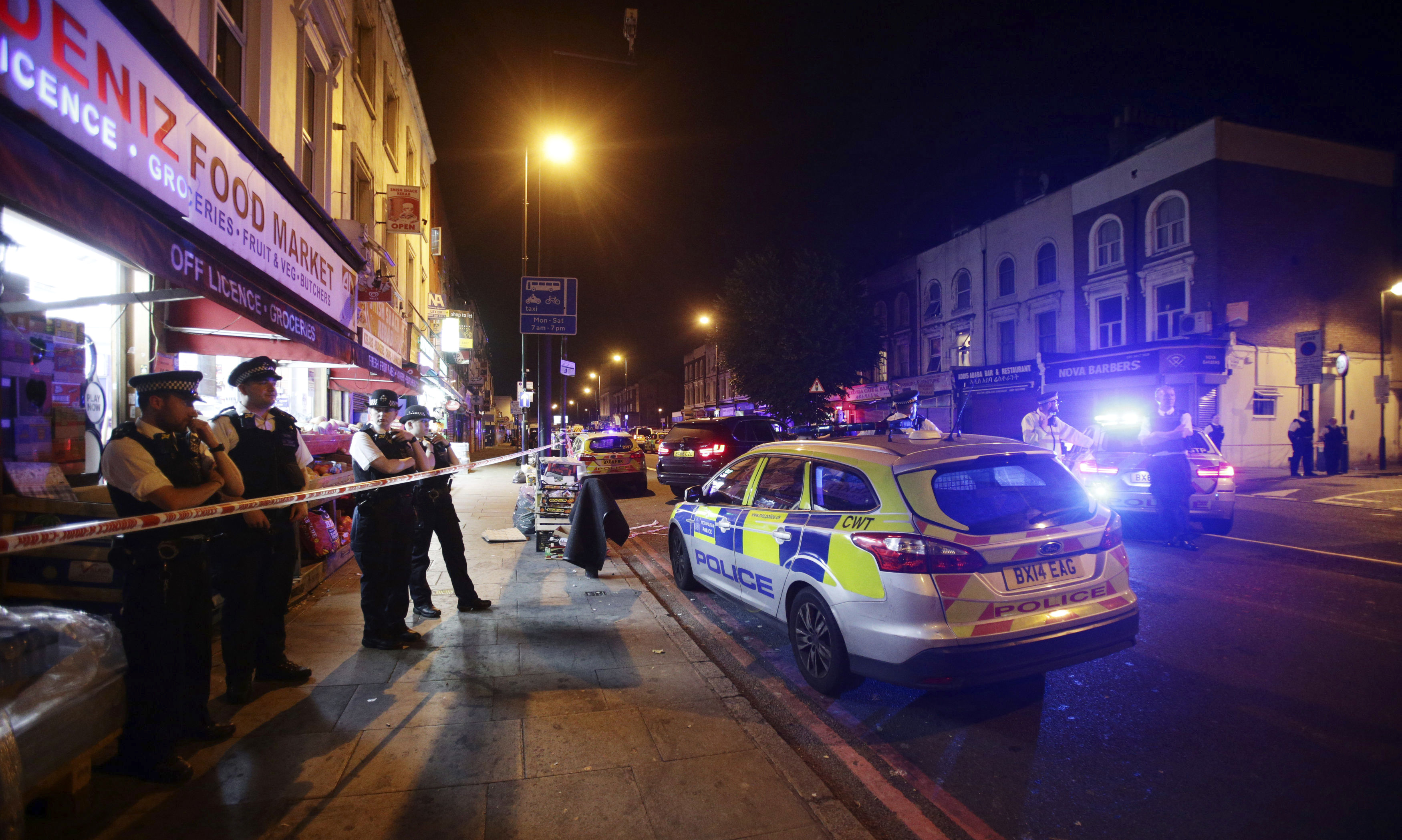 A road in north London is cordoned off in Finsbury Park, where police say a vehicle struck pedestrians, leaving several casualties. One person has been arrested.