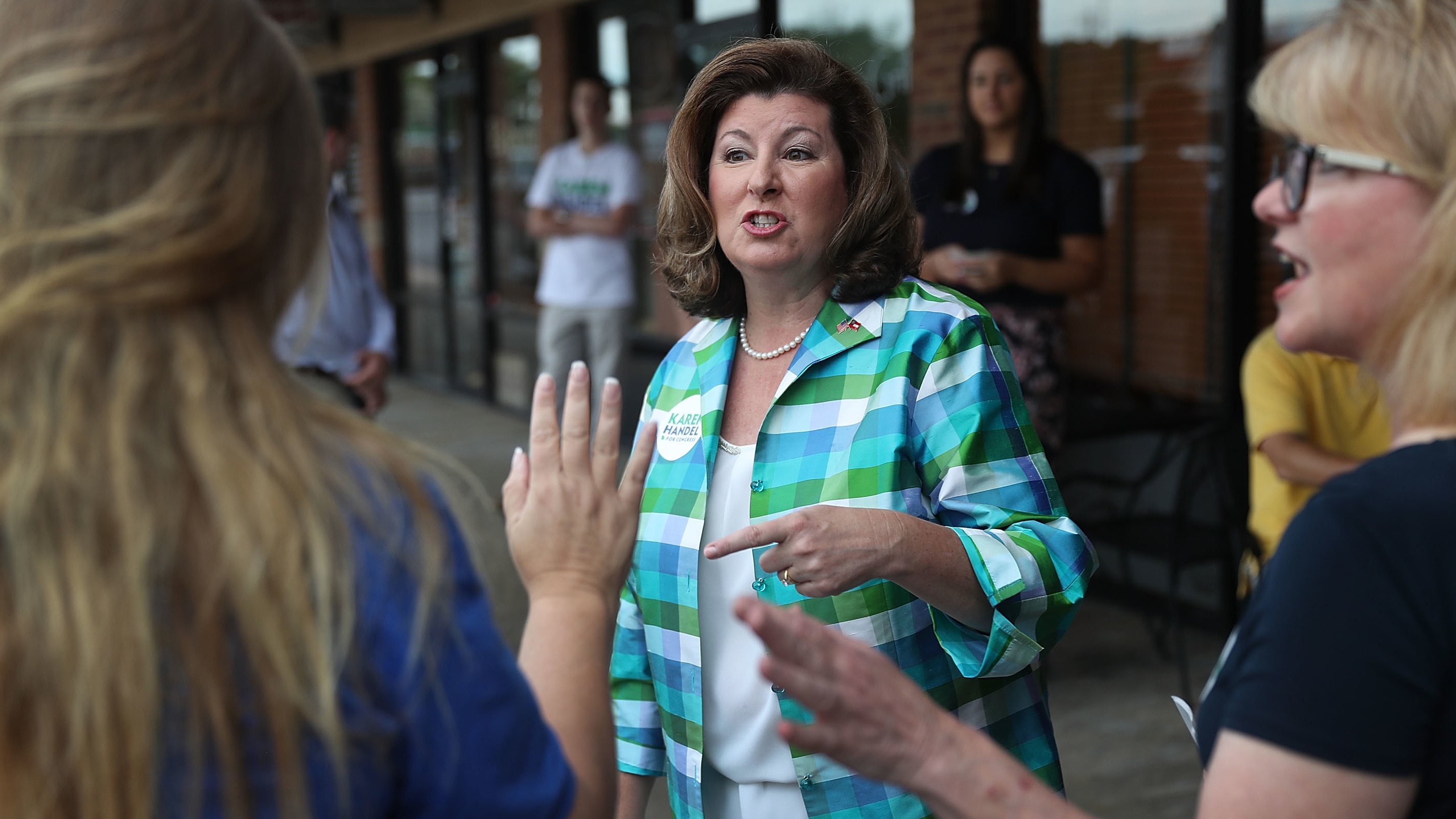 Republican candidate Karen Handel greets people during a campaign stop as she runs for Georgia's 6th Congressional District on June 19, 2017 in Alpharetta, Georgia. (Getty Images)