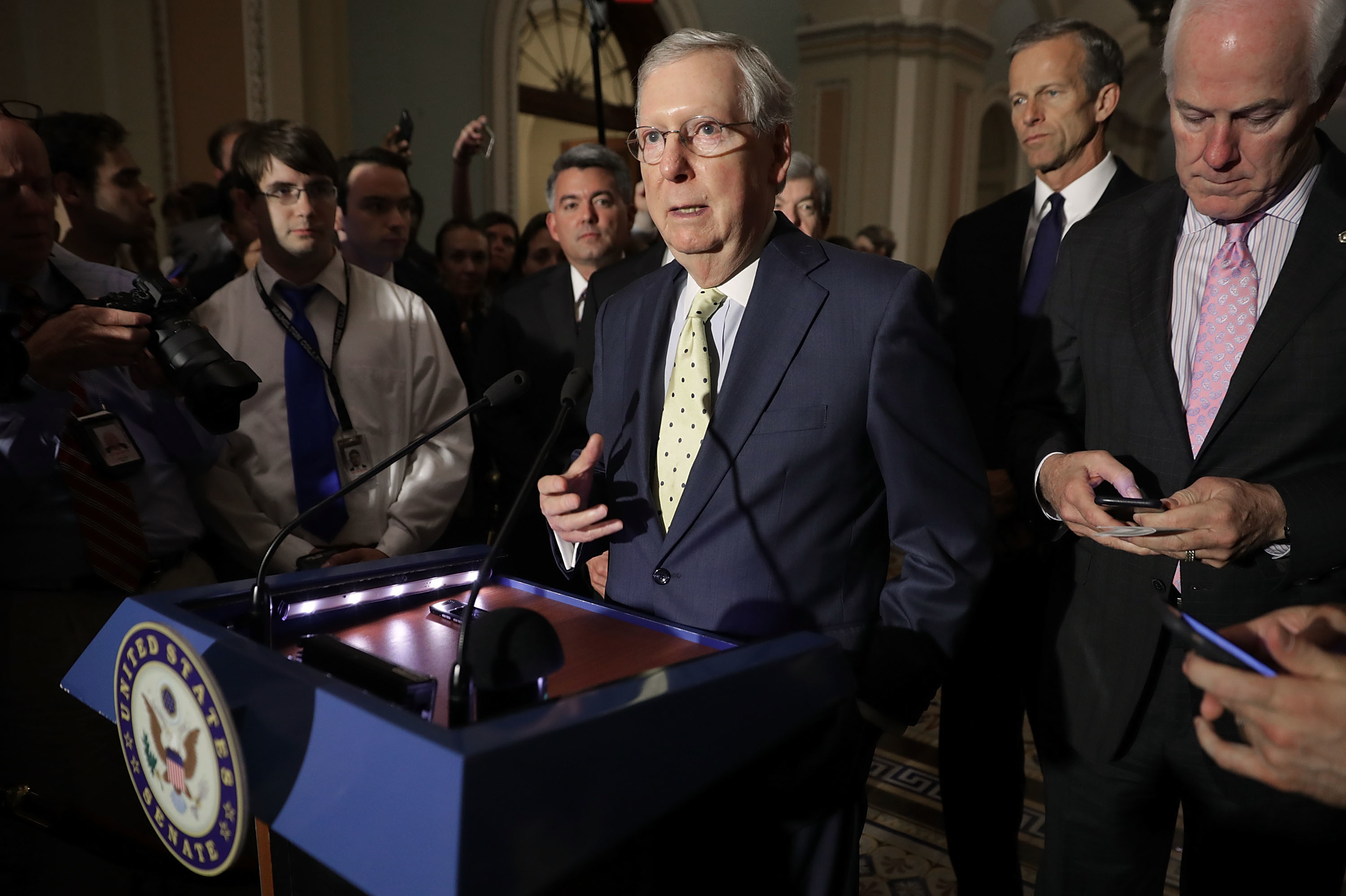 Senate Majority Leader Mitch McConnell, R-K.Y., seen speaking to reporters on Tuesday, is set to release a draft of the Senate's version of the Republican health care bill on Thursday. (Getty Images)