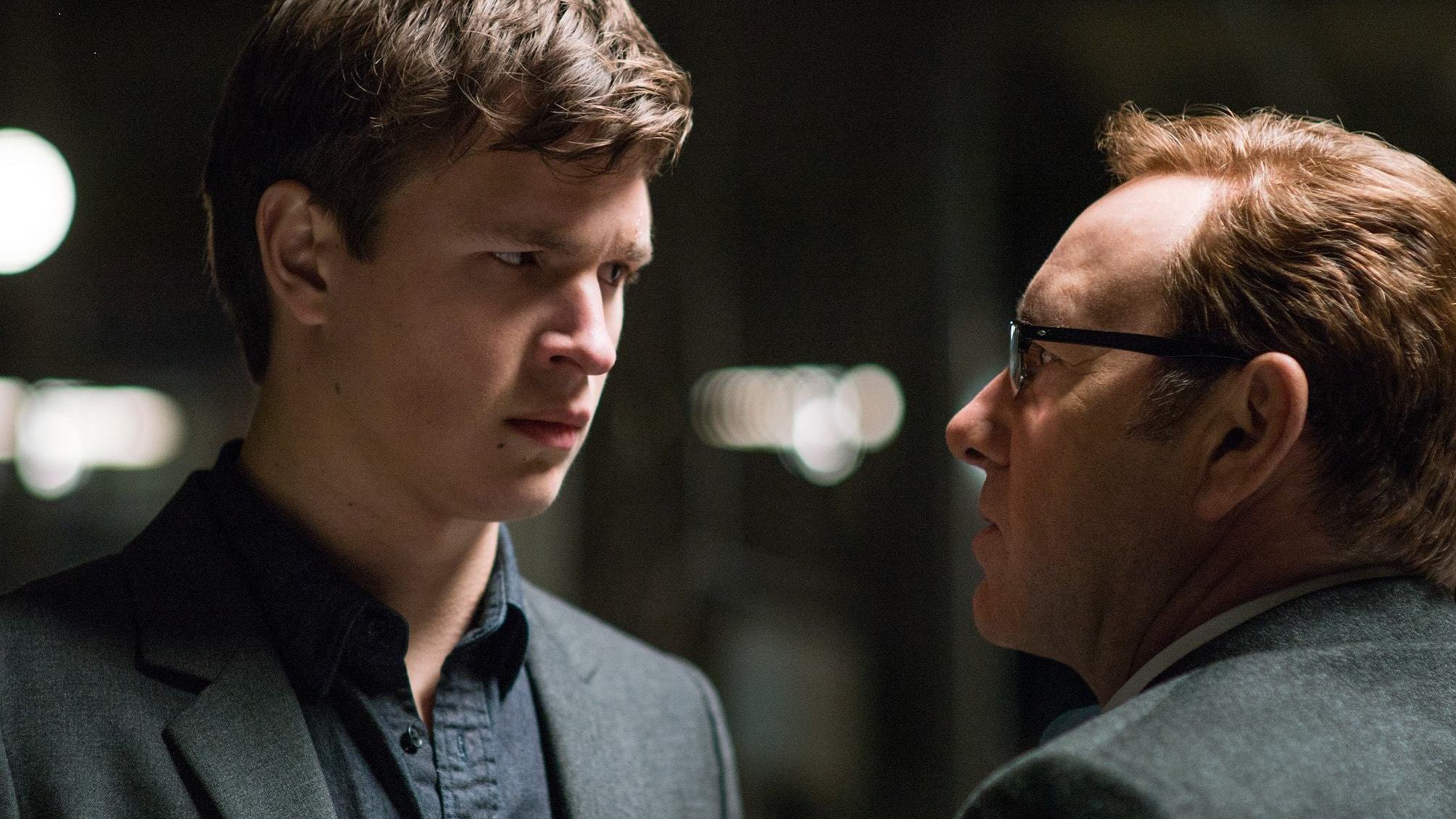 Baby (Ansel Elgort) looks dubious as Doc (Kevin Spacey) convinces him to do One! Last! Job! in Edgar Wright's <em>Baby Driver</em>. (Sony Pictures Entertainment Inc.)