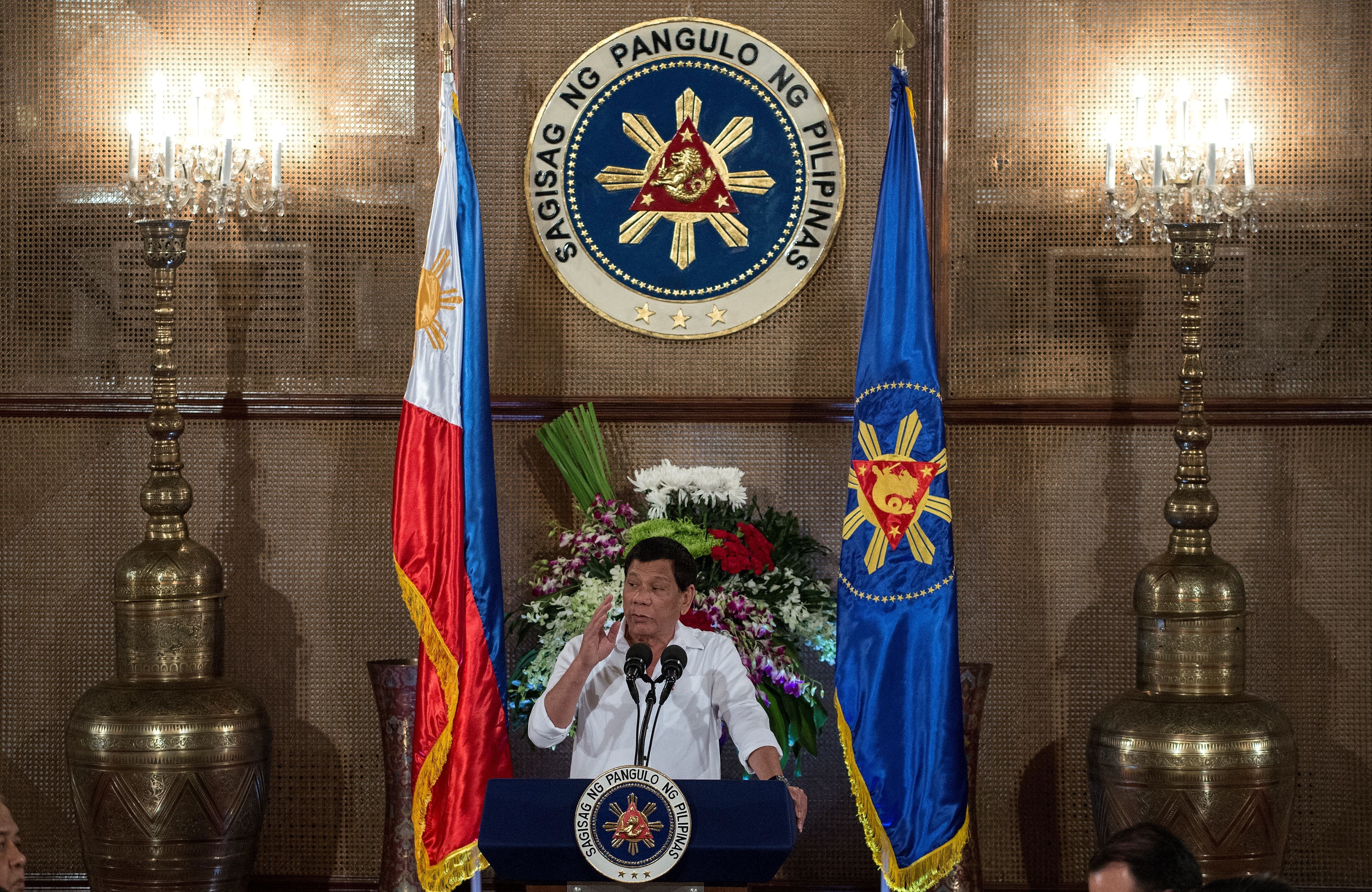 Philippine President Rodrigo Duterte gives a speech during Eid al-Fitr celebrations marking the end of Ramadan at the Malacanang Palace in Manila on June 27. (AFP/Getty Images)