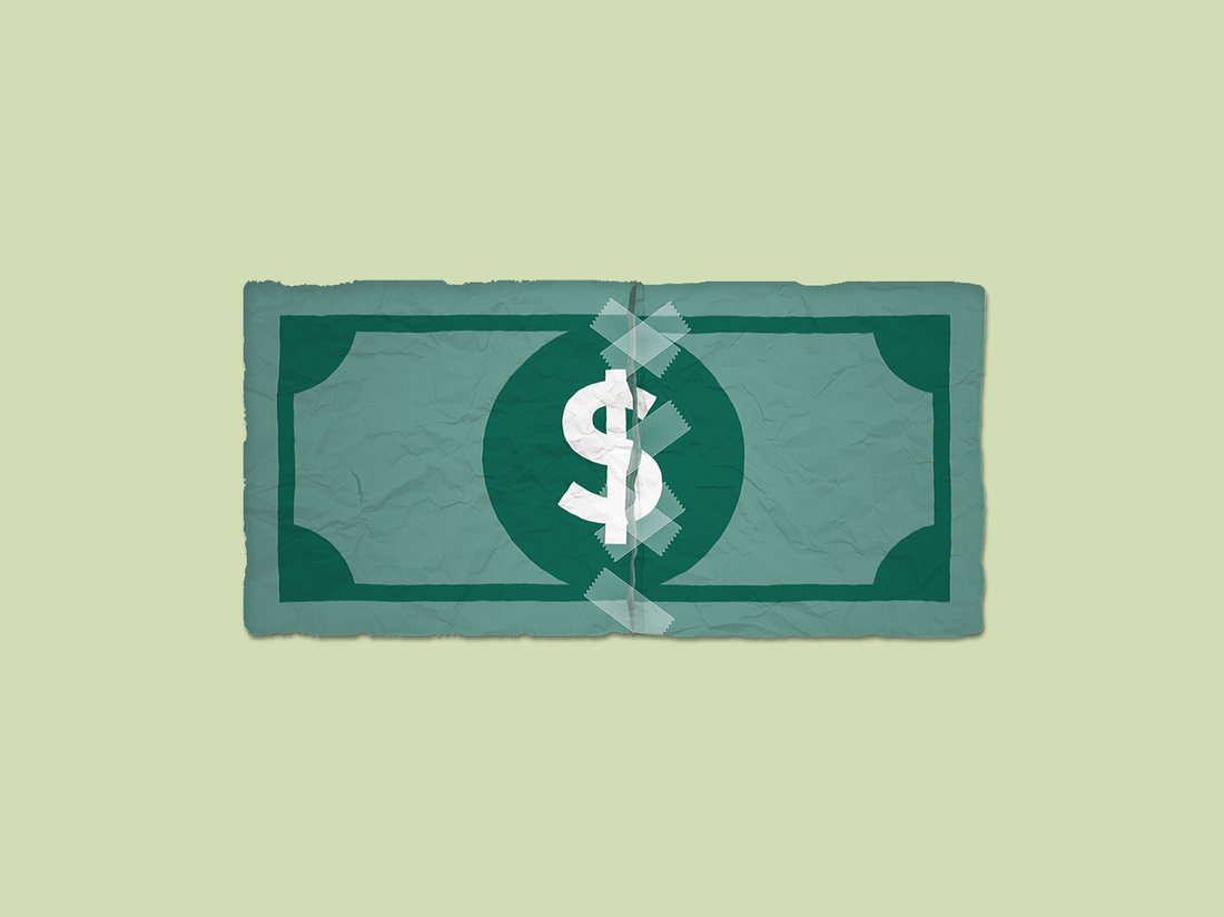 A drawing of a dollar bill ripped in half, taped together.