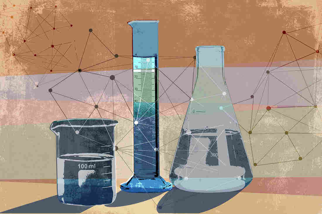 Network pattern connecting science beakers