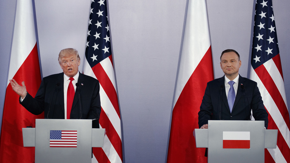 President Trump speaks during a news conference with Poland's President Andrzej Duda on Thursday in Warsaw. (Evan Vucci/AP)